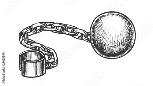 Ball And Chain Prisoner Accessory Retro Vector. Convict Legcuff Linked Ball. Prison Heavy Metallic Equipment Engraving Concept Template Hand Drawn In Vintage Style Black And White Illustration