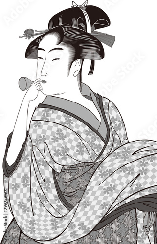 ビードロを吹く娘　白黒