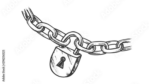 Steel Chain And Brass Padlock Monochrome Vector. Lock And Iron Chain. Linked Metallic Rings Elements Engraving Concept Mockup Hand Drawn In Vintage Style Black And White Illustration