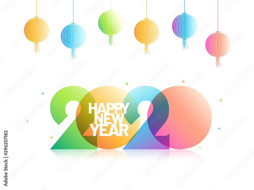 Happy New Year 2020 text on white background decorated with hanging colorful lanterns.