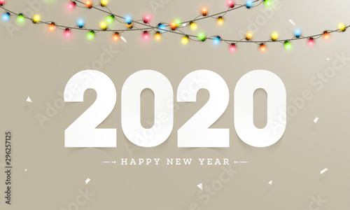 Happy New Year 2020 celebration greeting card design decorated with colorful lighting garland.