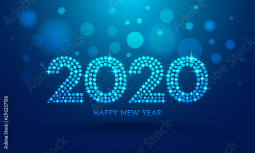 2020 text in dots pattern with lighting effect on blue bokeh background for Happy New Year celebration greeting card design.