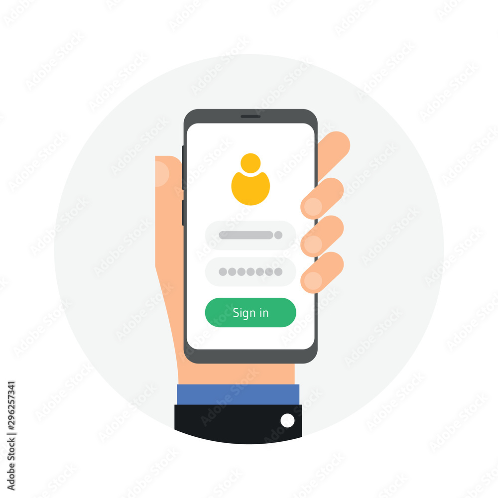 Log in page on smartphone screen. Hand holds the smartphone Modern Flat design illustration Log in page on smartphone screen. Hand holds the smartphone Modern Flat design illustration