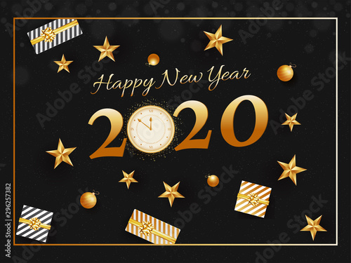 Golden text 2020 Happy New Year with clock glitter effect, baubles, stars and gift boxes decorated on black background.