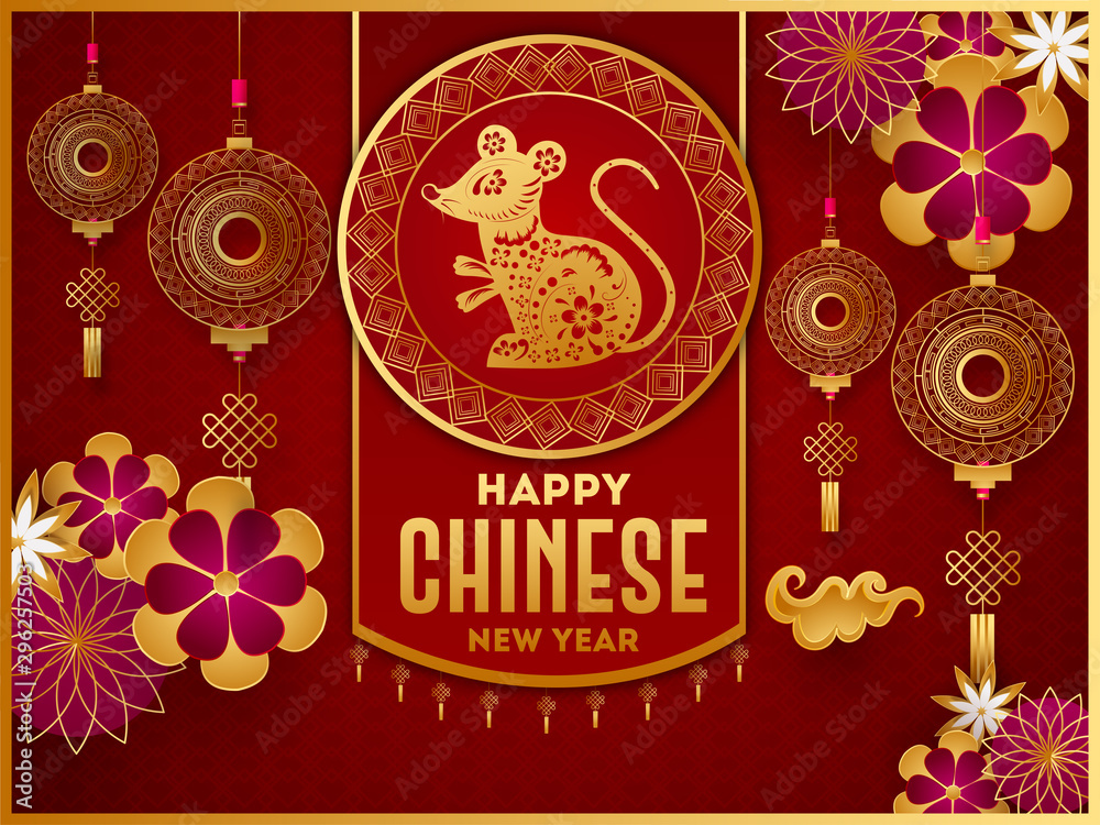 Happy Chinese New Year greeting card design with rat zodiac sign, paper cut flowers and hanging knot tassel ornaments on stylish red seamless square pattern background.