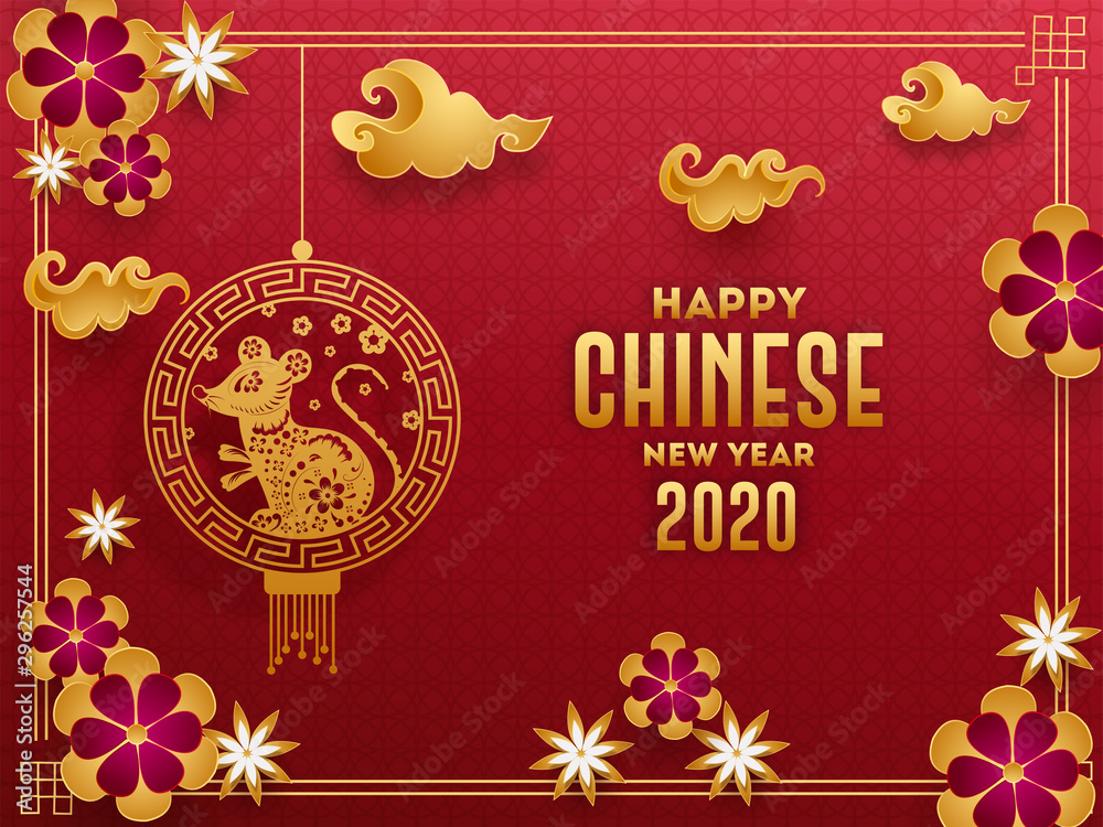 2020 celebration greeting card design with hanging rat zodiac sign, paper cut flowers and clouds decorated on red geometric circle seamless pattern background for Happy Chinese New Year. 2020 celebration greeting card design with hanging rat zodiac sign, paper cut flowers and clouds decorated on red geometric circle seamless pattern background for Happy Chinese New Year.