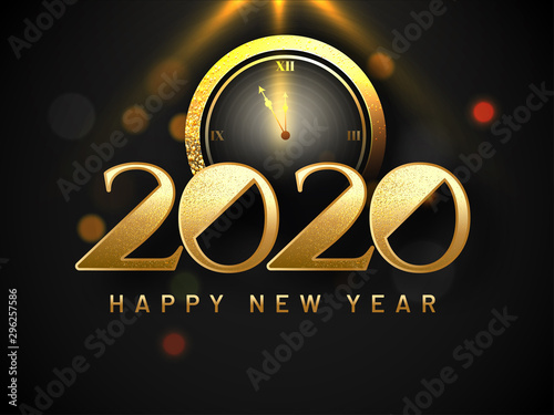 Glittering text 2020 with clock illustration on black bokeh background for Happy New Year celebration greeting card design.