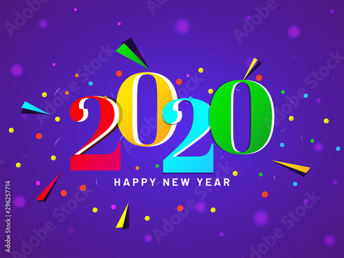 Colorful text 2020 with abstract geometric elements on purple bokeh background for Happy New Year celebration.