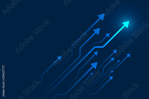 Up arrows circuit style on blue background illustration, copy space composition, digital growth concept.