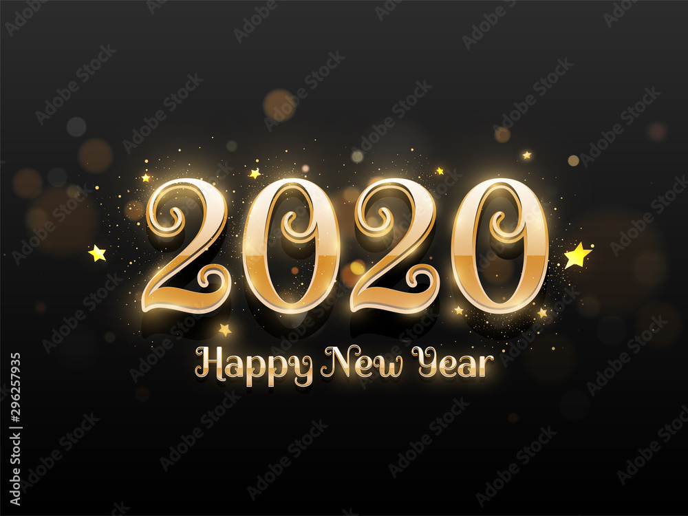Shiny golden text of 2020 Happy New Year decorated with stars on black bokeh blur background. Can be used as greeting card design.