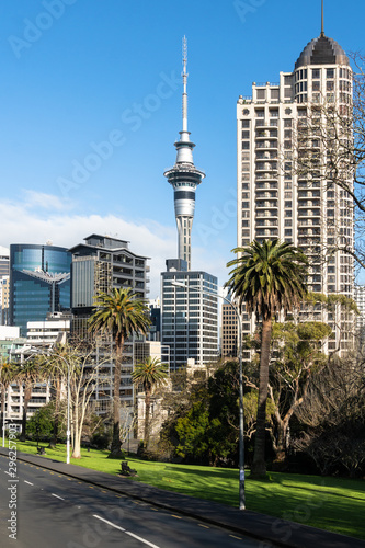 Sunny day over Auckland business district skyline in New Zealand largest city