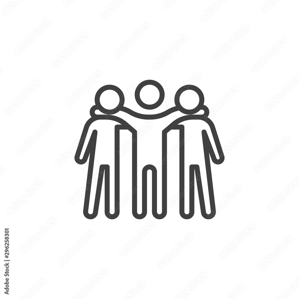 Three friend standing line icon. Brotherhood linear style sign for mobile concept and web design. People friendship outline vector icon. Symbol, logo illustration. Vector graphics