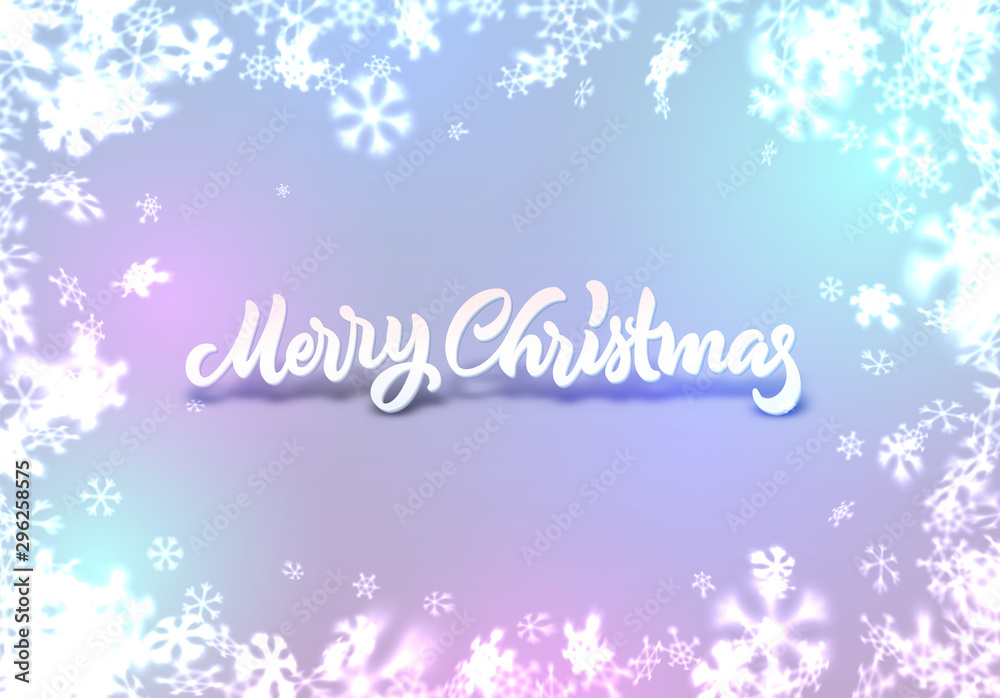 Christmas snowflakes background with falling snow and lettering or calligraphic greeting text