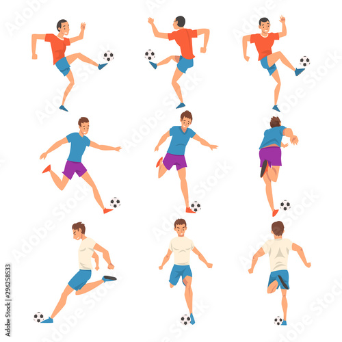 Soccer Players in Sports Uniform Kicking the Ball Set, Professional Athlete Characters in Action Vector Illustration