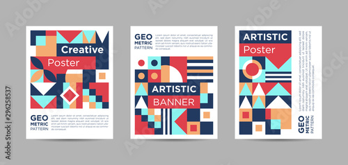 Red, Beige, Tosca and Blue Abstract Triptych Poster Design