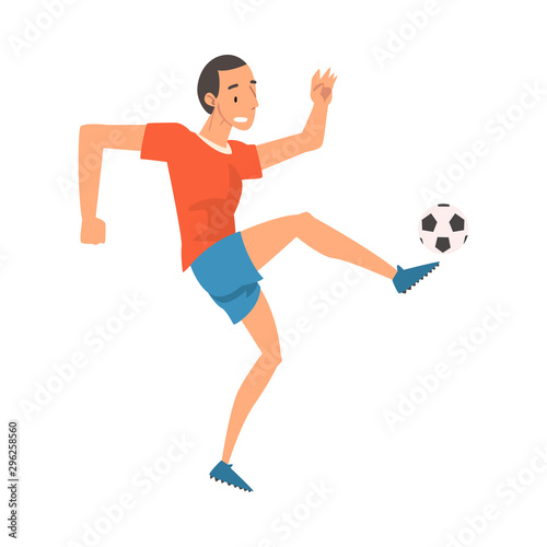 Soccer Player in Sports Uniform Kicking the Ball, Professional Athlete Character in Action Vector Illustration