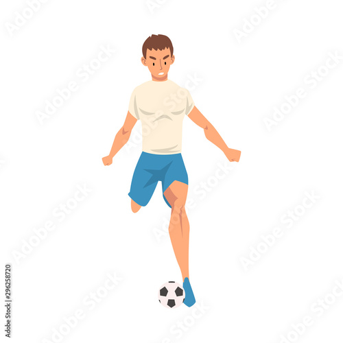 Soccer Player in Sports Uniform Kicking the Ball, Professional Athlete Character in White T-shirt and Blue Shorts in Action, Front View Vector Illustration