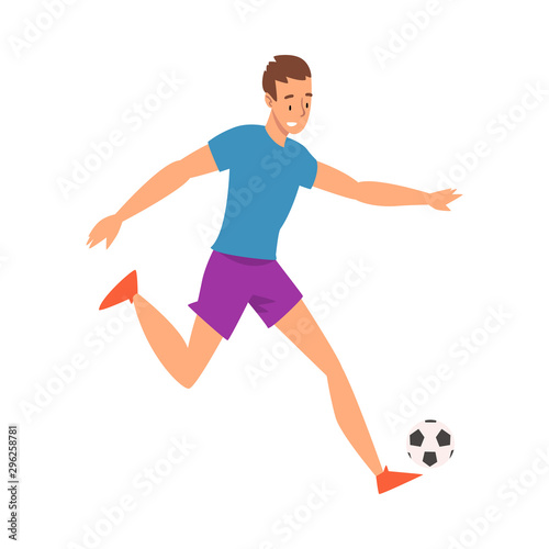 Soccer Player in Sports Uniform Running with Ball, Professional Athlete Character in Action Vector Illustration