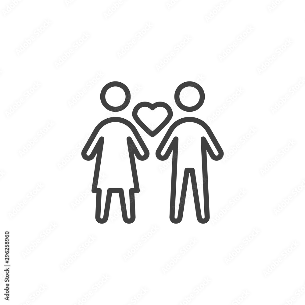Couple love relationship line icon. linear style sign for mobile concept and web design. Couple with heart outline vector icon. Symbol, logo illustration. Vector graphics Couple love relationship line icon. linear style sign for mobile concept and web design. Couple with heart outline vector icon. Symbol, logo illustration. Vector graphics