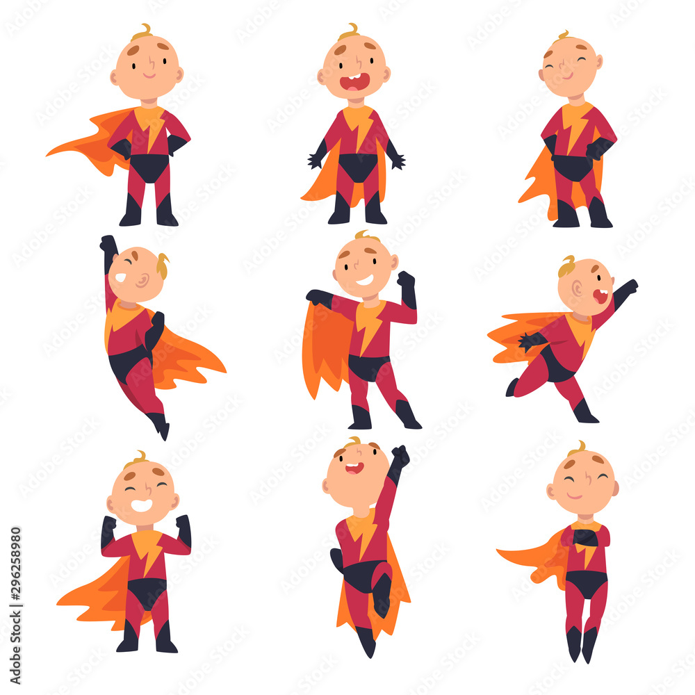 Superhero kids characters in different situations cartoon vector illustration