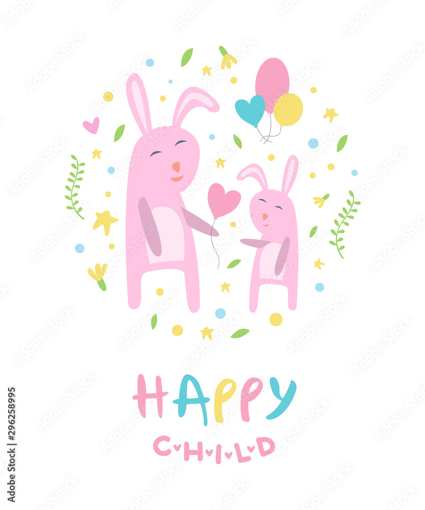 Happy Child Banner Template, Pink Mother and Kid Bunnies with Balloons, Cute Childish Poster, Greeting or Invitation Card, Print for T-shirt Design Element Vector Illustration Happy Child Banner Template, Pink Mother and Kid Bunnies with Balloons, Cute Childish Poster, Greeting or Invitation Card, Print for T-shirt Design Element Vector Illustration