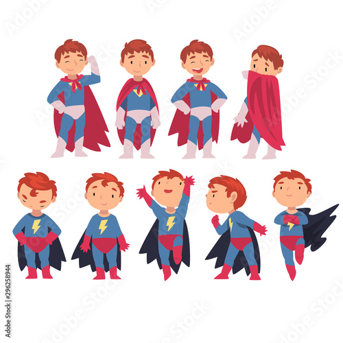 Superhero kids characters in different situations cartoon vector illustration