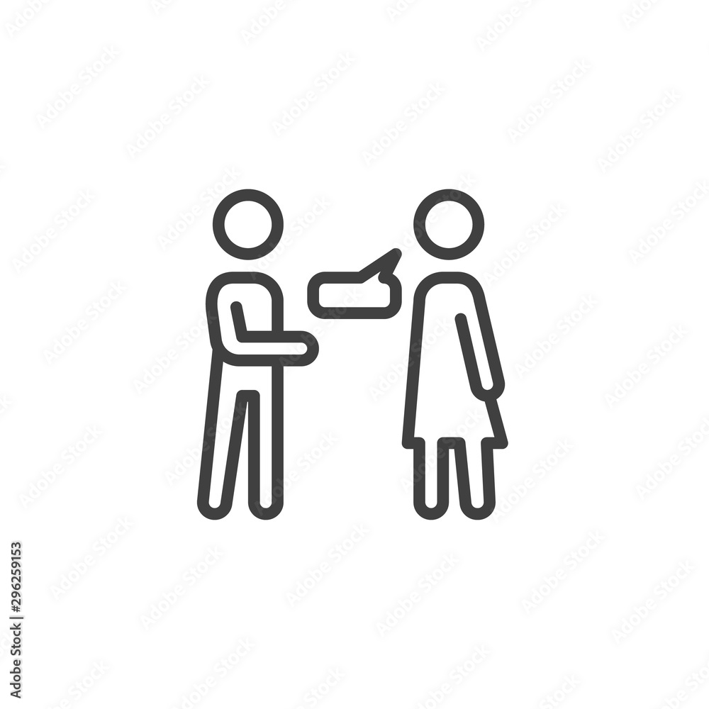 Couple conversation line icon. linear style sign for mobile concept and web design. Man and woman talk outline vector icon. Symbol, logo illustration. Vector graphics Couple conversation line icon. linear style sign for mobile concept and web design. Man and woman talk outline vector icon. Symbol, logo illustration. Vector graphics