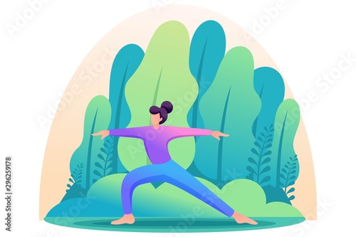 Yoga girl surrounded by plants outdoors, in the Park, in the forest. Flat 2D character. Concept for web design