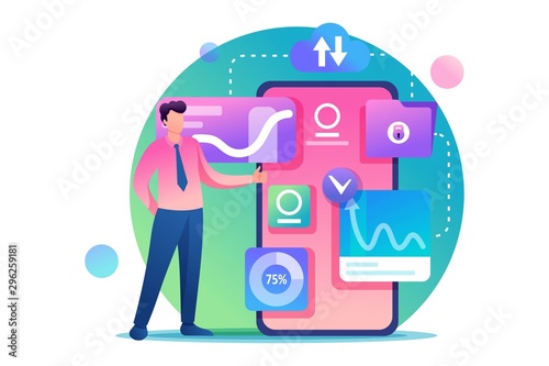 Young entrepreneur works with data on the smartphone screen. View data for analysis. Flat 2D character. Concept for web design