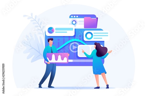 Young entrepreneurs insist data for digital marketing, advertising on the Internet. Flat 2D character. Concept for web design