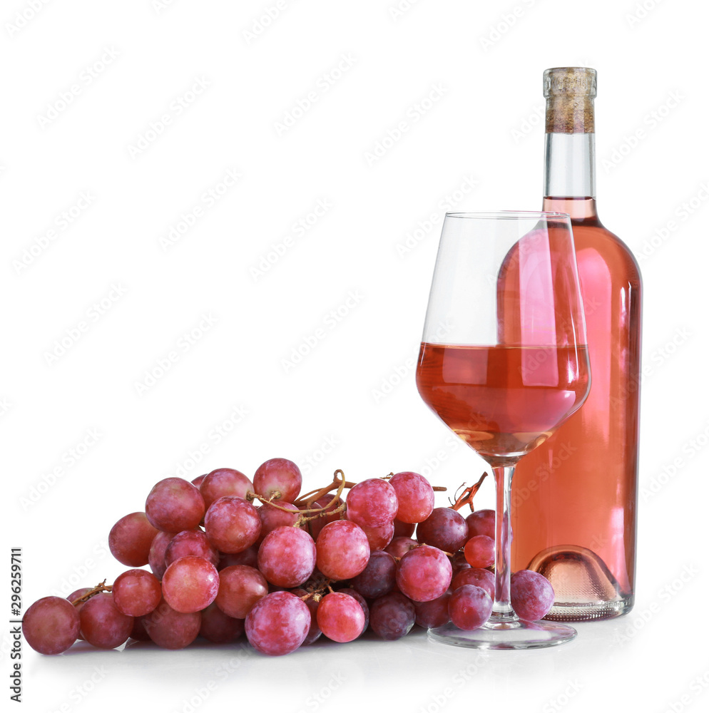 Glass and bottle of tasty wine on white background