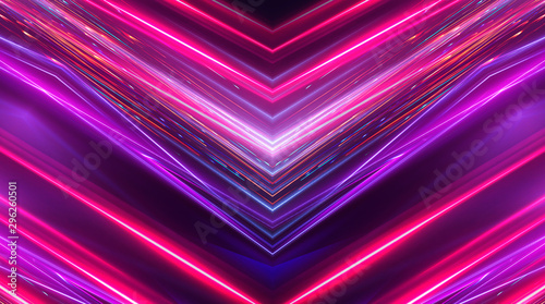  Dark abstract futuristic background. Neon lines glow. Neon lines, geometric shapes. Pink and blue glow. Abstract neon light, night view.