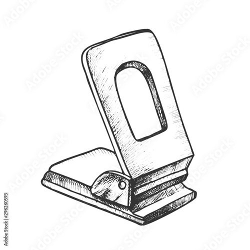 Puncher Stationery Equipment Monochrome Vector. Office Tool Puncher For Make Holes And Attachment Paper. Engraving Concept Template Hand Drawn In Vintage Style Black And White Illustration