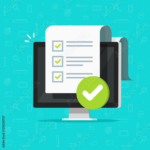Survey checklist form or complete task list on computer vector illustration, flat cartoon pc with checkmarks document or questionnaire report on screen, modern approved test, exam results photo