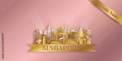 Singapore Travel postcard panorama, poster, tour advertising of world famous landmarks of Singapore. Vector illustration.