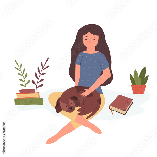 Pretty girl dog owner. Scene with pet.