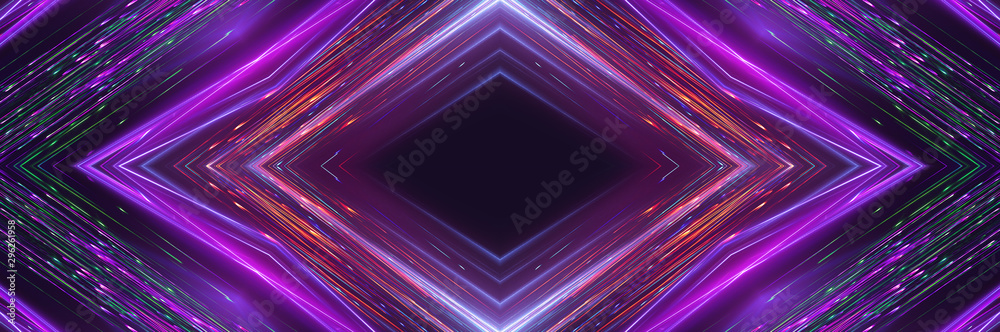 Dark abstract futuristic background. Neon lines glow. Neon lines, geometric shapes. Pink and blue glow. Abstract neon light, night view. Dark abstract futuristic background. Neon lines glow. Neon lines, geometric shapes. Pink and blue glow. Abstract neon light, night view.