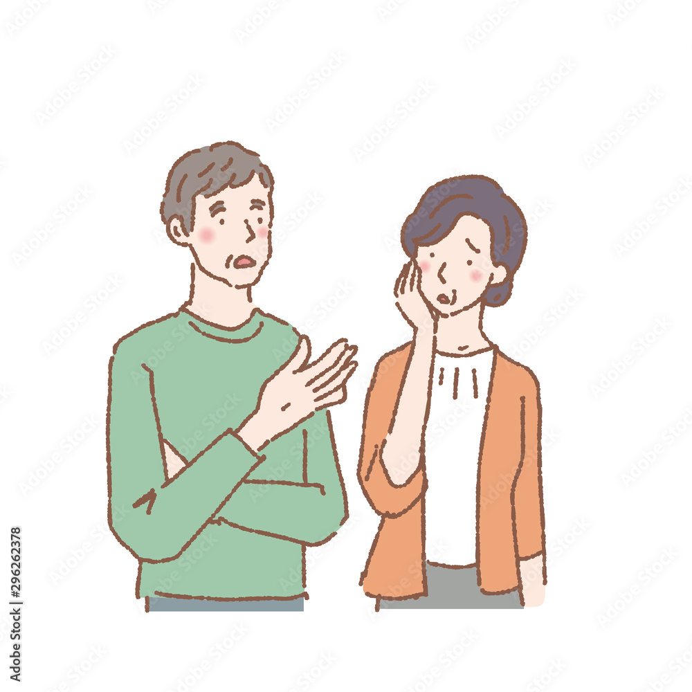 悩む　中高年　夫婦　人物　イラスト