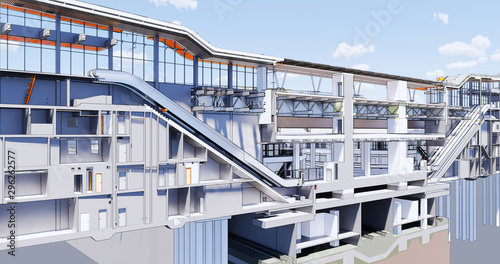Сross-section view of BIM model of the metro station and transport hub building © black_mts