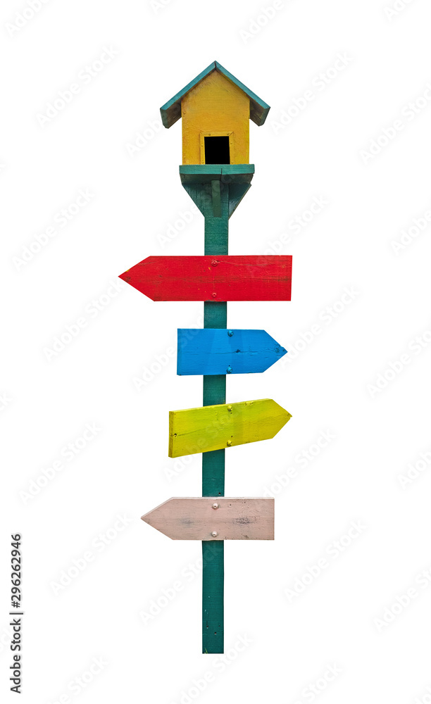 Blank sign with a bird house on the top.blank sign have colour red blue yellow and pink isolated on white background. Blank sign with a bird house on the top.blank sign have colour red blue yellow and pink isolated on white background.