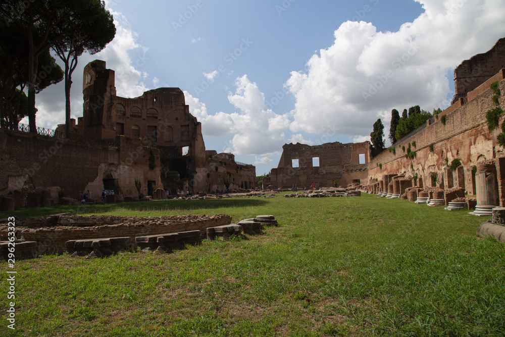 Rome, Italy - September, 2019 : Panoramic view of Roman forum, also known by Forum Romanum or Foro Romano. 