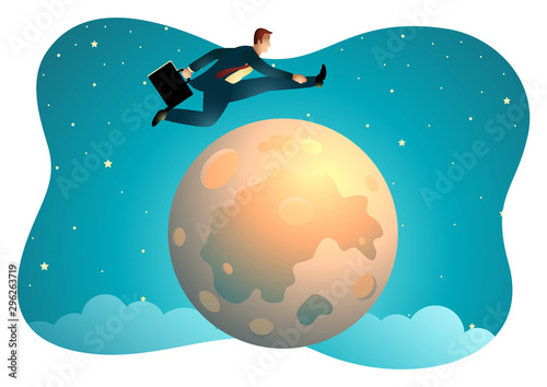 Businessman jumping over the moon