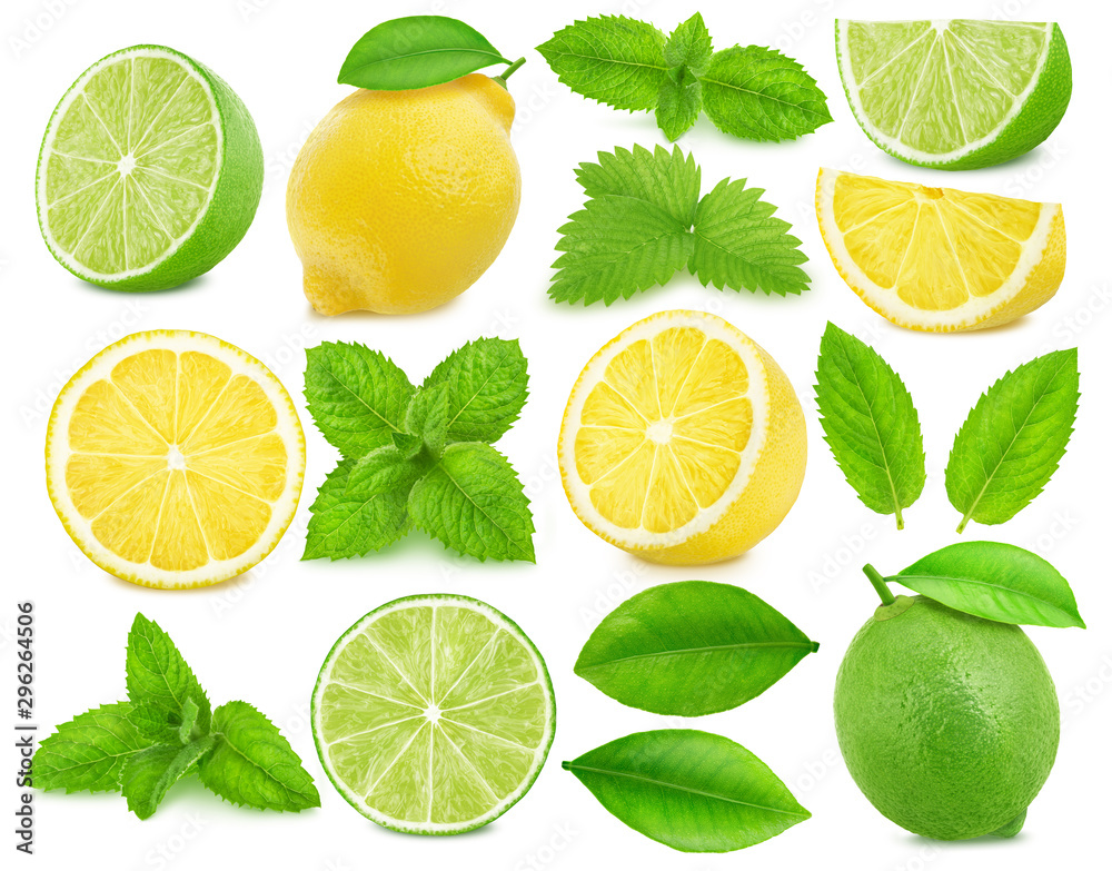 Large collection of citrus fruits - lime and lemon isolated on a white background in full depth of field with clipping path. Large collection of citrus fruits - lime and lemon isolated on a white background in full depth of field with clipping path.