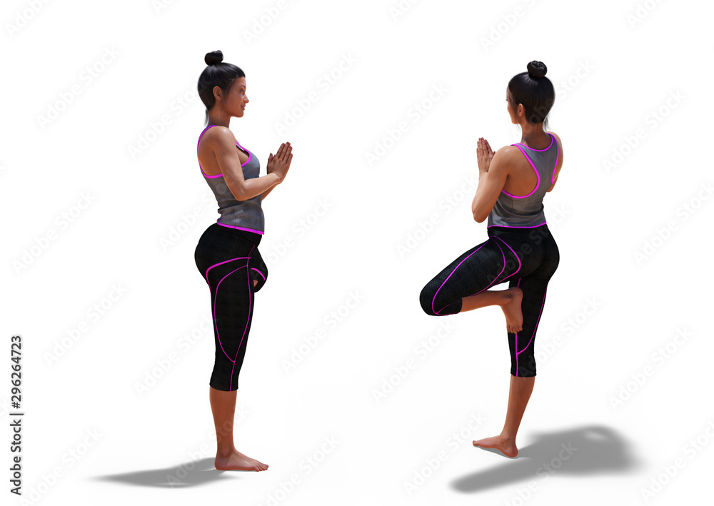 Back three-quarters and Right Profile Poses of a Woman in Yoga Tree Pose