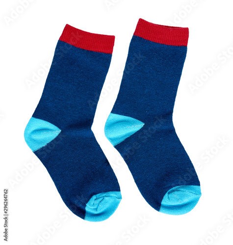 Blue cotton socks, kids foot clothing. Cute childs wear. photo