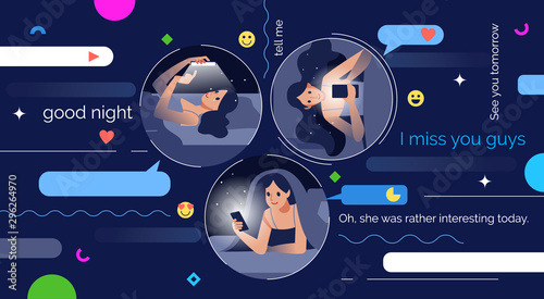 Girlfriends at night communicate with each other through social networks chatting online by making video call on phone, using video conferencing app for communication with distance friend.