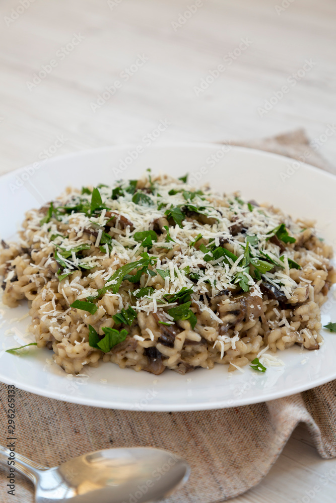 Homemade mushroom risotto on a white plate, side view. Copy space. Homemade mushroom risotto on a white plate, side view. Copy space.
