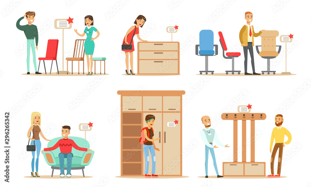 Collection of People Shopping for Furniture at Store, Men and Women Choosing House Decor with Help of Professional Sellers Vector Illustration