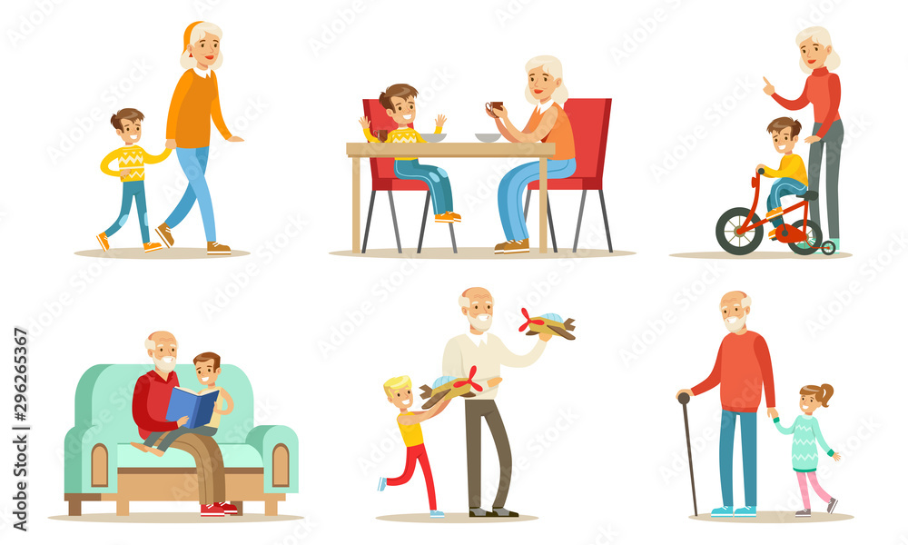 Grandpa And Grandma Spending Time with Their Grandchildren Set, Cute Boys And Girls with their Grandparents Vector Illustration