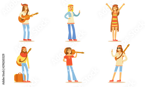 Men and Women Hippie Characters Set, Happy People Wearing Hippie Clothes of the 60s and 70s Vector Illustration